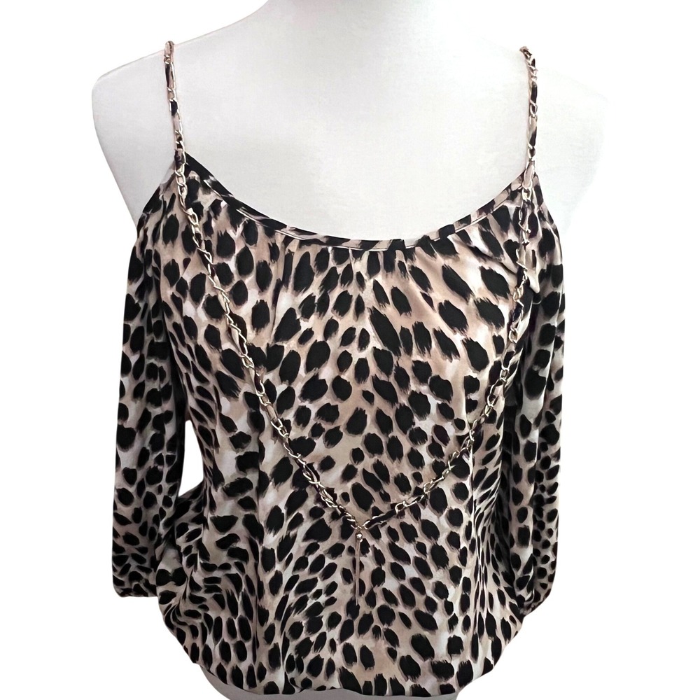 Women's Leopard Print Cold Shoulder Chain Strap Party Mob Wife Top XS Tan‎
